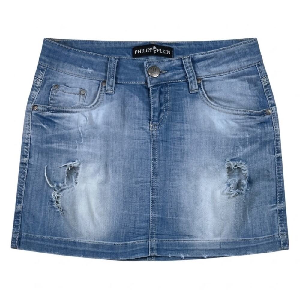 Philipp Plein Blue Distressed Cotton Denim Designer Mini Skirt | Size 27